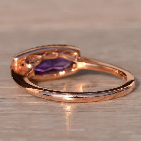 Contemporary Checkerboard Cut Elongated Amethyst and Natural Diamond Halo Ring i